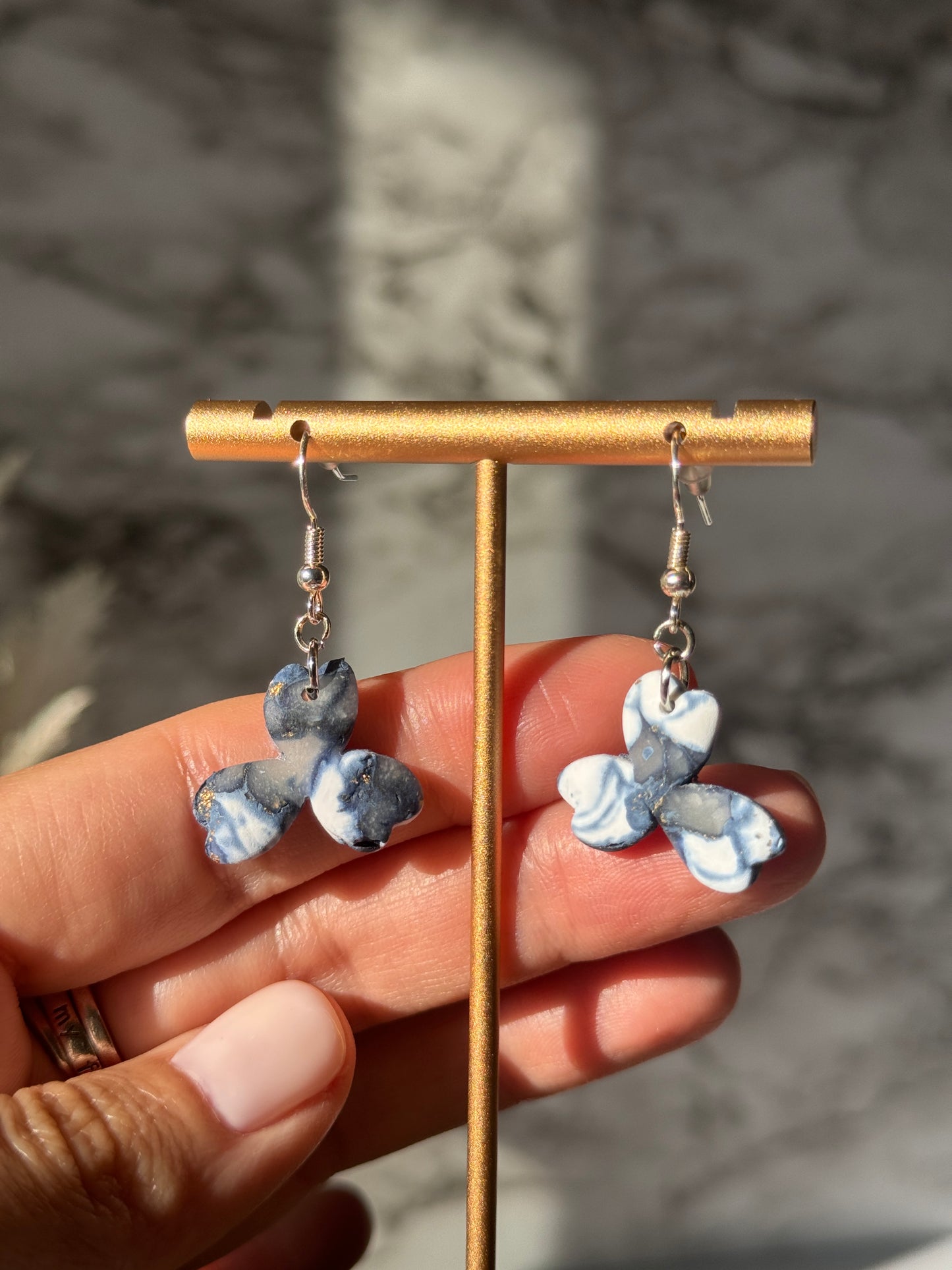 Three Leaf Clover earrings, blue and white