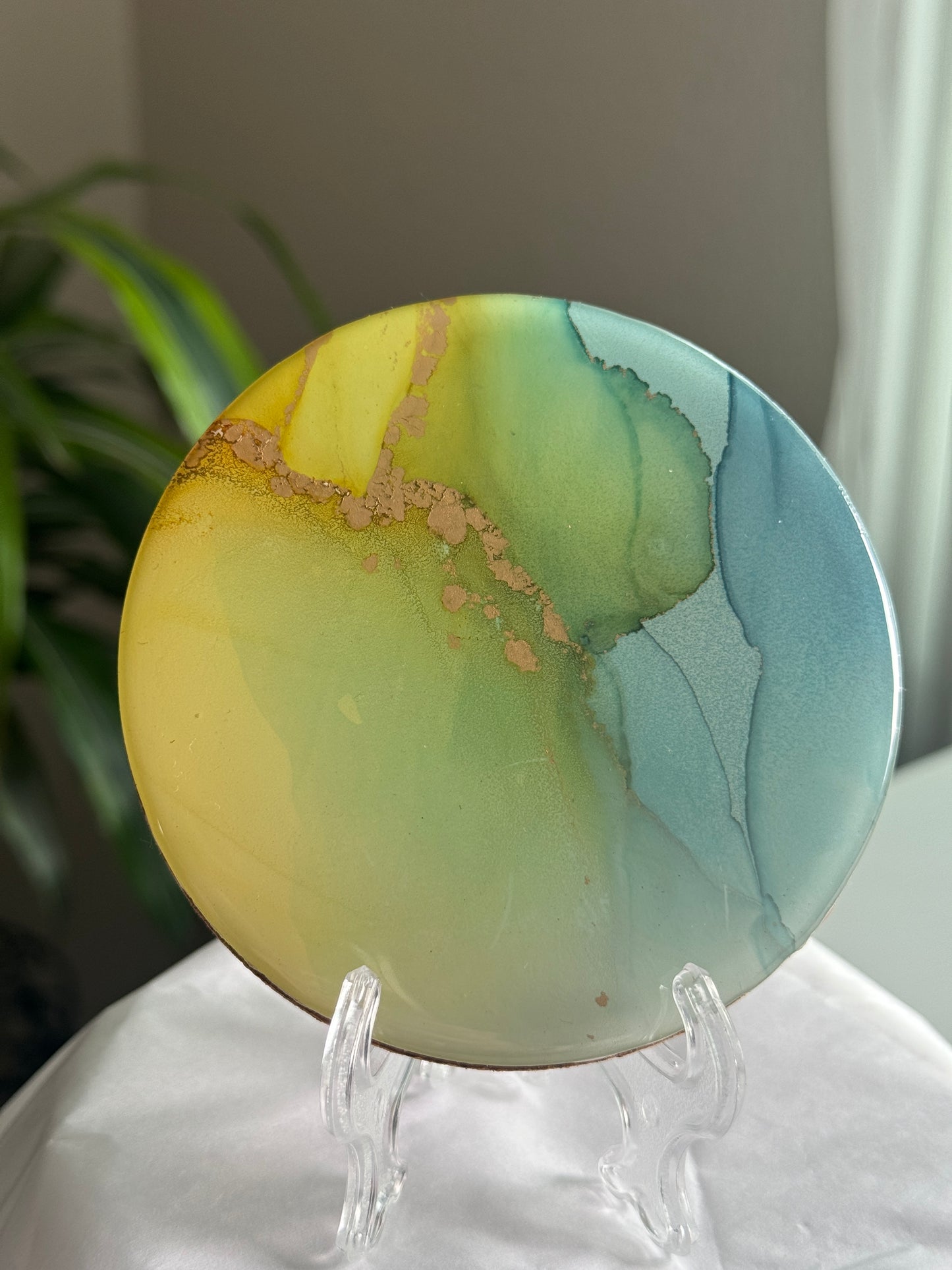 Alcohol ink coaster blue, green, yellow gradient