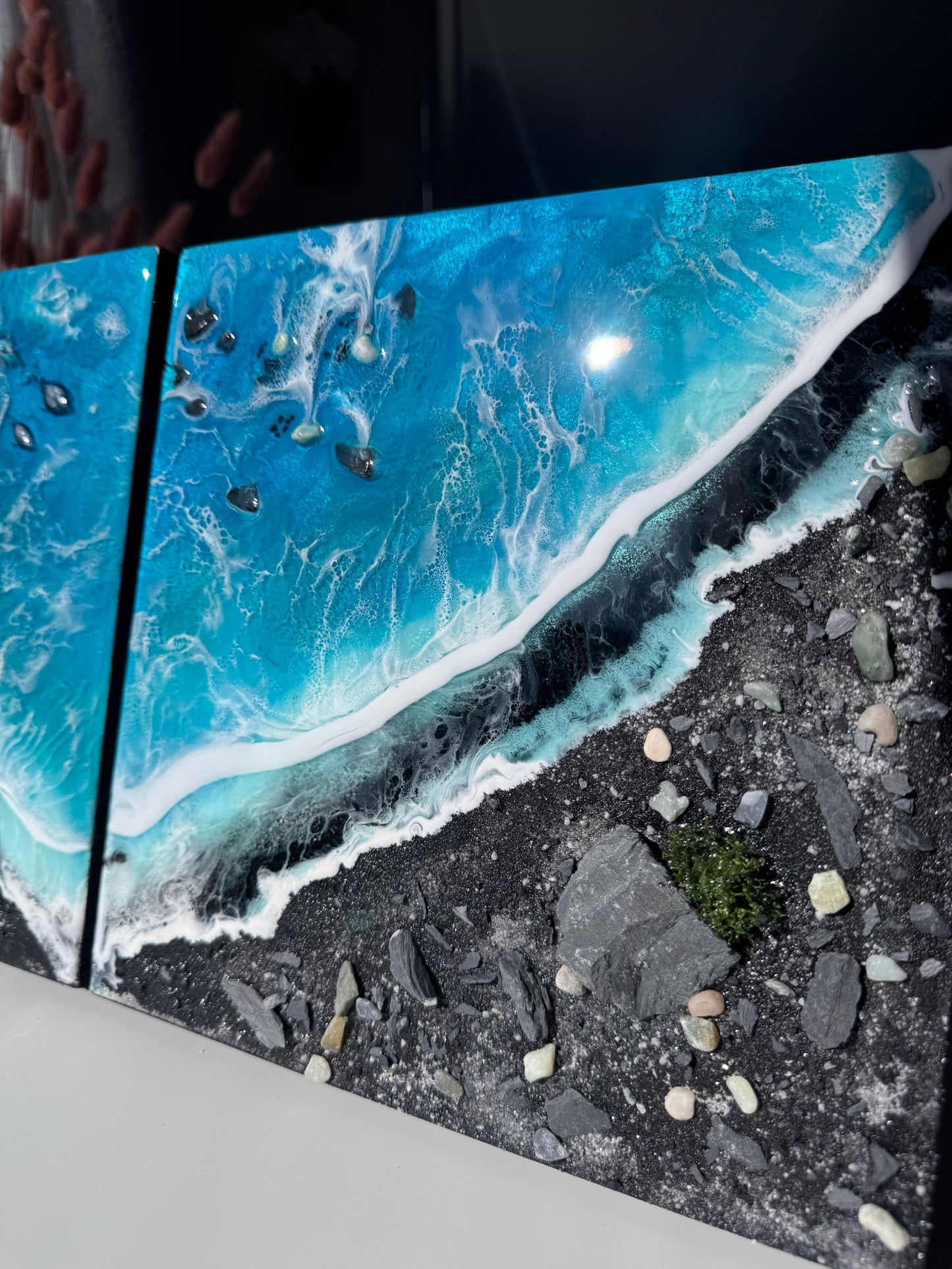 Black Beach turquoise ocean diptych wall art