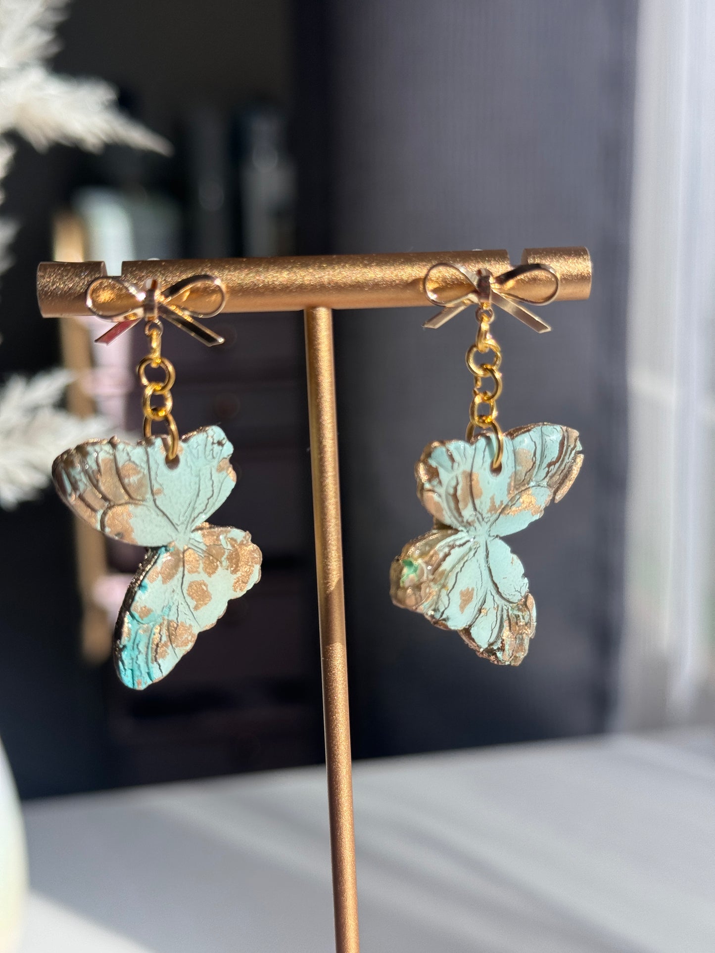 Mint and gold butterfly earrings