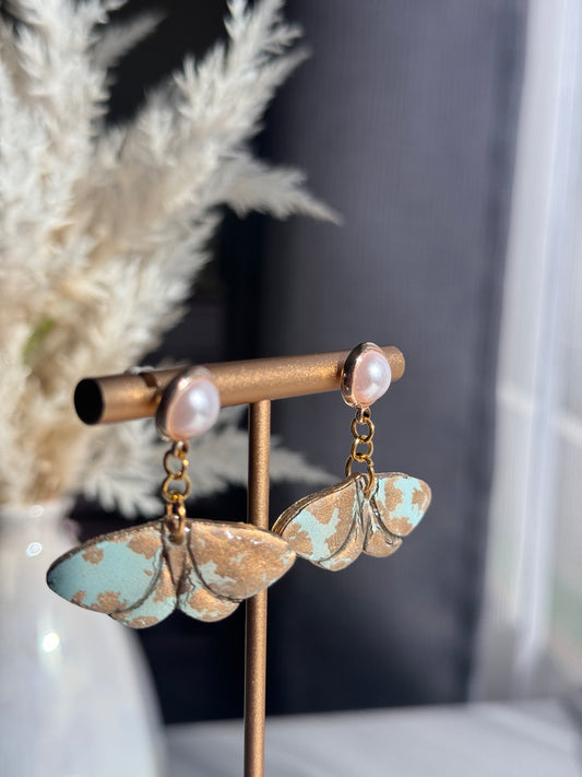 Mint and gold moth earrings with pearl stud