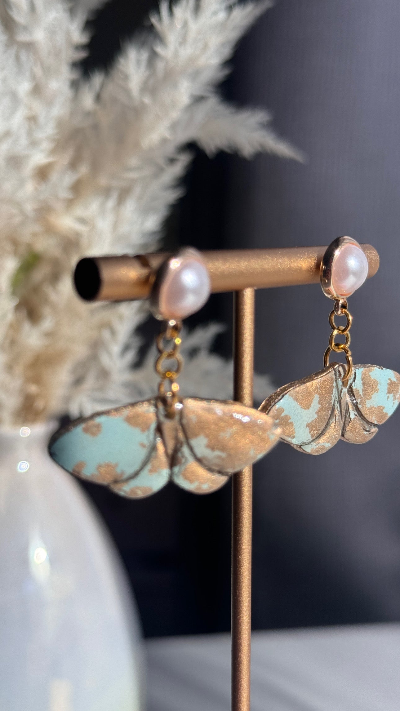 Mint and gold moth earrings with pearl stud